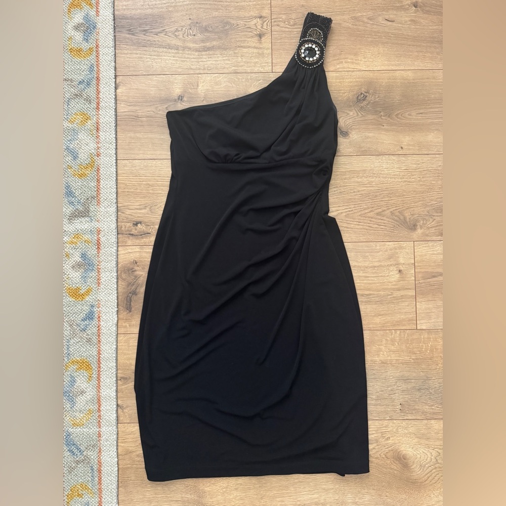 Connected Apparel Black One-Shoulder Dress with Embellished Strap